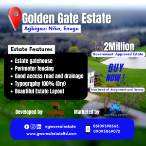 Golden gate estate is located at Agbigazi Nike, Enugu with amazing estate features. Its currently selling for 2 Million.